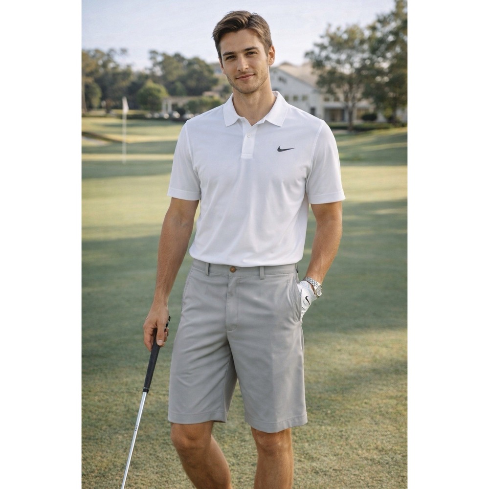 Nike Golf Dri Fit Shorts Mens M Khaki Flat Front Stretch Tour Performance